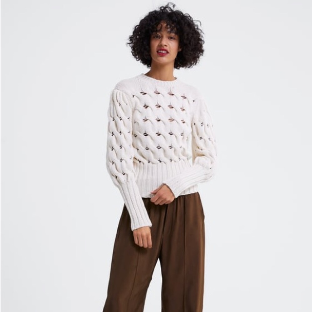 Zara Cable Knit Sweater with Balloon Sleeves